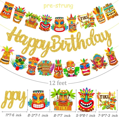 Vista 3 de Hawai Luau - Pancarta hawaiana de Tiki para fiesta de cumpleaños, 3 unidades, decoración de fiesta de Aloha para colgar, guirnaldas de Tiki