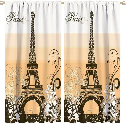 Vista 35 de Cortinas de la Torre Eiffel de París, pintura al óleo, flores moradas, torres de ciudad, con bolsillo para barra, cortinas de ventana