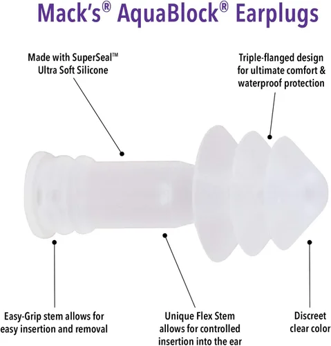 Vista 2 de Mack's AquaBlock - Tapones para los oídos de natación, 3 pares, impermeables, reutilizables, de silicona, para nadar, para bucear, ducharse