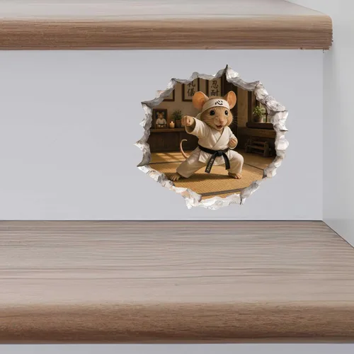 Vista 8 de Calcomanía de ratón de karate en agujero de ratón, adhesivo de pared 3D con agujero de ratón