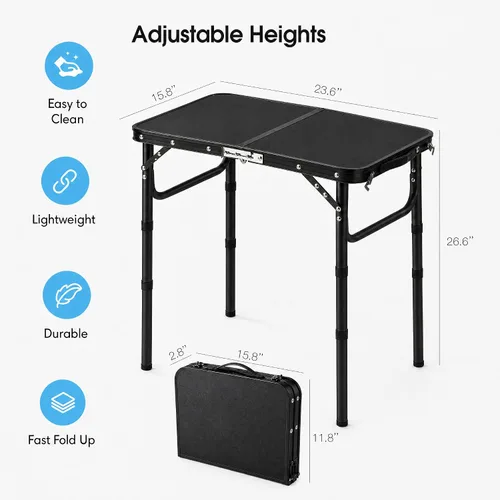 Vista 3 de YUFIFAIRY Mesa de campamento plegable pequeña, 24 pulgadas de largo x 16 pulgadas de ancho con patas de altura ajustable, todo negro