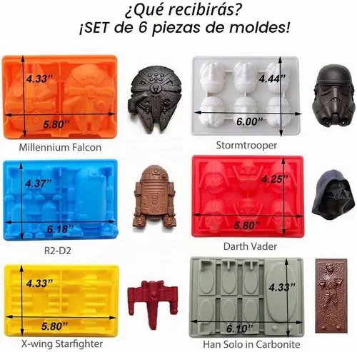Vista 6 de Molde en forma de Star War, juego de 6 moldes flexibles de silicona para amantes de Star Wars, robots, decoración de pasteles de cumpleaños, moldes