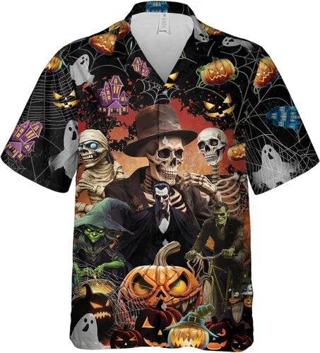 Vista 6 de Camisas hawaianas góticas para hombre, juego de camisas hawaianas con botones de terror para Halloween, 58 Halloween_31