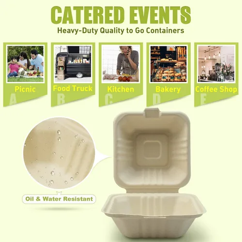 Vista 5 de Green Earth, 6 pulgadas, 125 unidades, almeja compostable de hamburguesa acanalada, BAM ware (fibra de bambú), cajas de comida para llevar