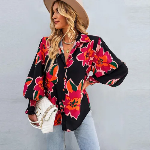 Vista 3 de AELSON Blusa de manga larga con cuello en V y estampado floral para mujer, estilo bohemio, con botones