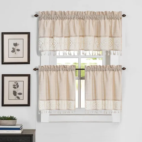 Vista 6 de Cenefa de ventana beige con línea de algodón con borlas, estilo retro rústico, media cortina de ganchillo, hecha a mano 17 × 52 pulgadas de ancho