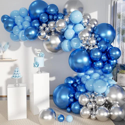 Vista 9 de Paquete de 140 globos de guirnalda de globos de color azul marino, plateado, azul marino, azul macarrón, para graduación, fiesta de cumpleaños, baby