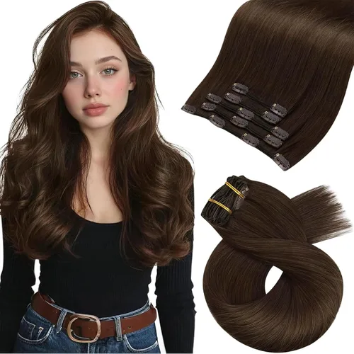 Vista 94 de Moresoo Extensiones de cabello humano con clip, balayage, color marrón oscuro a marrón dorado con clip, extensiones de cabello humano con clip, 5
