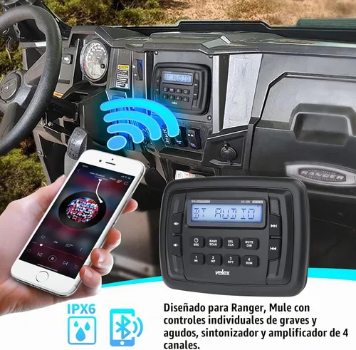Vista 2 de Velex Powersport Radio estéreo marina AM FM sintonizador estéreo 4 x 45 W Bluetooth Streaming UTV ATV
