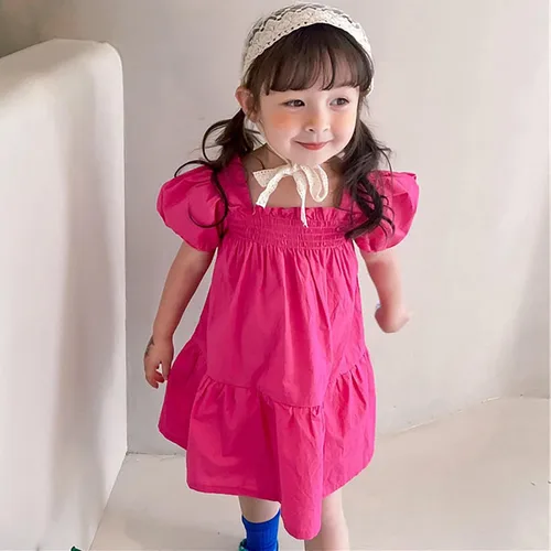 Vista 3 de VEFSU Toddler Kids Baby Girls Dress Puff Sleeves Solid Casual Party Ruffled Princess Dresses Infant Girl Clothes Dresses