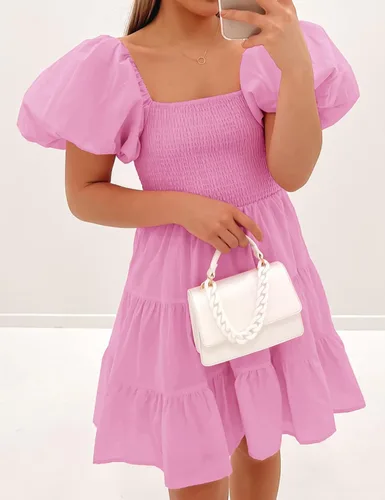 Vista 9 de ZESICA Vestido corto bohemio de verano para mujer, con cuello cuadrado, manga abombada, hombros descubiertos, fruncido, escalonado, casual