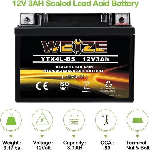 Vista 2 de Weize YTX4L-BS - Batería de motocicleta sellada recargable de alto rendimiento compatible con Polaris Scrambler, Sportsman 90, Honda Scooters NQ50