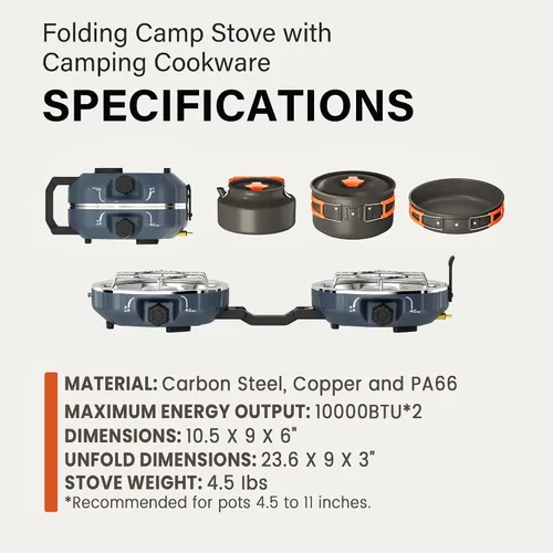 Vista 6 de Cofiyard Kit de estufa de propano de 2 quemadores para acampar con utensilios de cocina, estufa de gas propano plegable al aire libre, estufa
