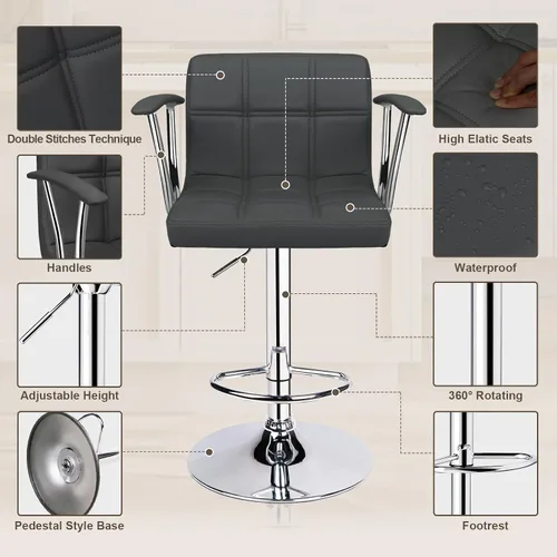 Vista 6 de ERGOSEAT Juego de 2 taburetes de bar, taburetes giratorios ajustables con reposabrazos y respaldo, taburetes de bar de altura de mostrador de cuero