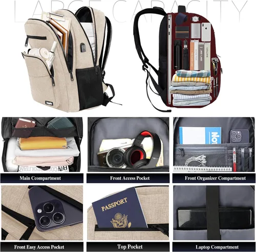 Vista 2 de Mochila Skaypibs para Mujeres y Hombres, Mochilas para Trabajo y Viaje con Porta Laptop, A6-Beige, 15,6 pulg., Moderno