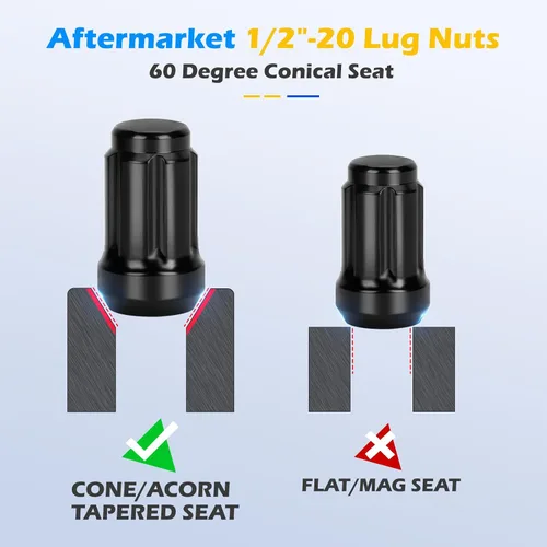 Vista 5 de dynofit Tuercas de rueda de 1/2x20, 4 tuercas de orejeta cromadas negras de 1/2''-20 del mercado de accesorios con 1 llave, asiento cónico/cono