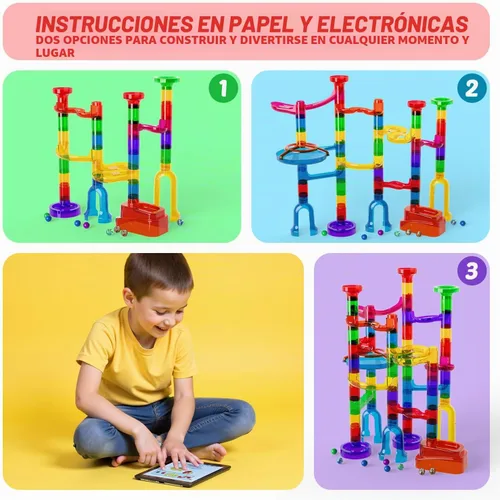Vista 6 de MaxTronic Kit de carrera de canicas para niños, kit de laberinto de mármol mejorado de 0.630 in, canicas de 109 piezas, bloques de construcción