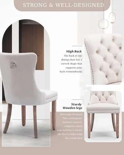 Vista 5 de Juego de 2 sillas de comedor de terciopelo con patas de madera, color beige Mid Century Modern Dining Chairs,Upholstered Chairs with Nailhead