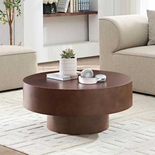 Vista 19 de WILLIAMSPACE Mesa de Café Redonda de 35.43" con Tablero de Piedra Sintética, Mesa Central Circular de Madera Moderna de Estilo Granja para la Sala