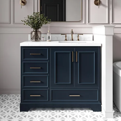Vista 13 de DKB Bradford - Mueble de baño individual negro de 42 pulgadas con fregadero rectangular, encimera de mármol italiano de carrara con borde de 1.5