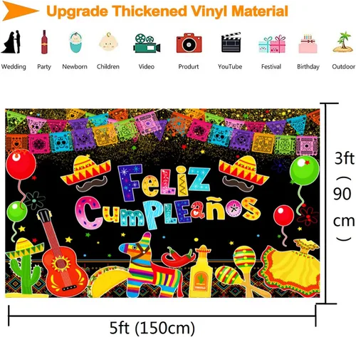 Vista 5 de Telón de fondo de fiesta mexicana para fiesta de cumpleaños, decoración colorida de Cinco de Mayo, Taco, carnaval, fotografía, fondo de fiesta