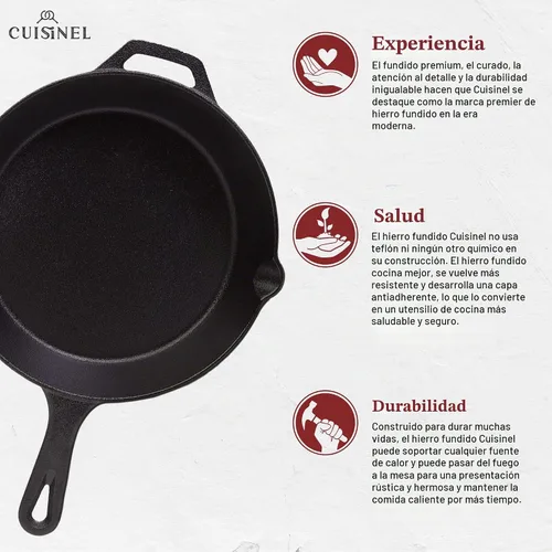 Vista 5 de Juego de sartenes de hierro fundido de Cuisinel + tapas de vidrio – Sartenes de 8, 10 y 12 pulgadas + fundas de mango de silicona. Utensilios