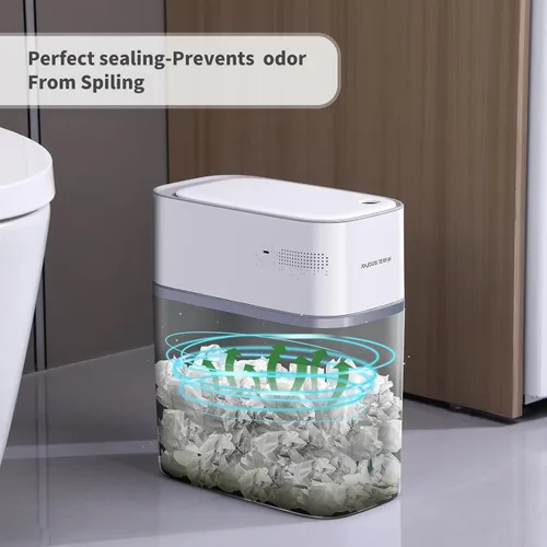 Vista 3 de JOYBOS Botes de basura pequeños para baño con tapas, cubo de basura automático de plástico blanco delgado de 3.8 galones, bote de basura estrecho