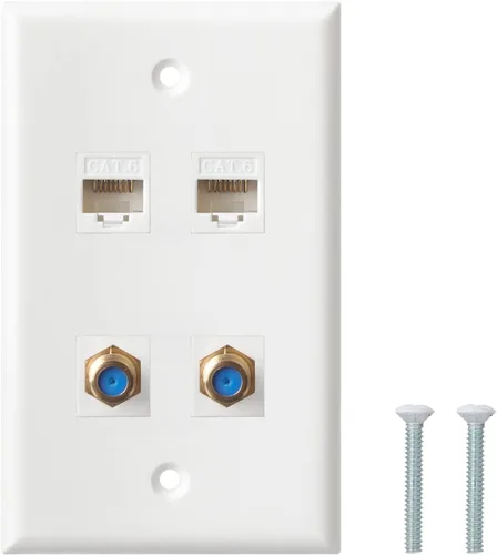 Vista 9 de Placa de pared coaxial Ethernet - Placa de pared tipo F Cat6, 1 puerto Keystone Cat6 y 1 puerto tipo F conector coaxial Keystone - Blanco