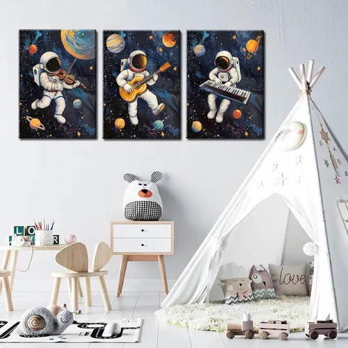 Vista 8 de 3 piezas de arte de pared de astronauta espacial musiic lienzo lindo astronauta músico decoración imágenes divertidas piano guitarra violín carteles