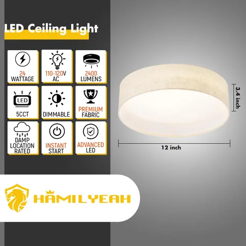 Vista 2 de Hamilyeah Lámpara de techo de montaje empotrado de 24W, lámpara de techo LED regulable con pantalla de tela beige de 5CCT, lámpara de techo