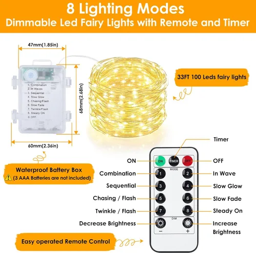 Vista 5 de Mlambert Paquete de 3 luces de hadas de 33 pies, funciona con pilas con control remoto y temporizador, impermeable, regulable, 8 modos, 100 luces