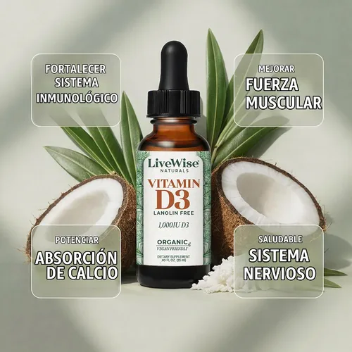 Vista 4 de Live Wise Naturals Gotas líquidas de vitamina D3 - Fórmula de aceite MCT orgánico para adultos - Suplemento D3 de fácil absorción para apoyo