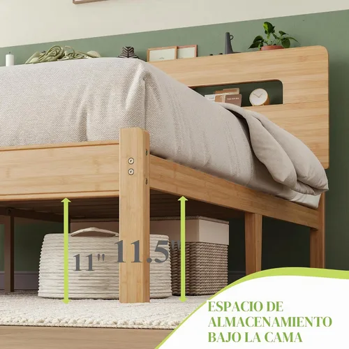 Vista 6 de ZIYOO Marco de cama de madera de bambú maciza tamaño individual con cabecera de almacenamiento, marco de cama plataforma de 14 pulgadas