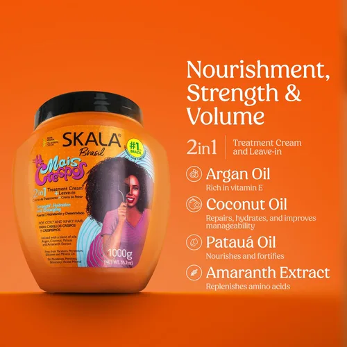 Vista 7 de SKALA Mais Crespos Crema de tratamiento 2 en 1 y acondicionador sin enjuague, desenredante e hidratación para cabello rizado y rizado, 35.2 onzas