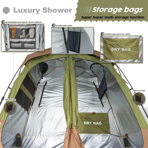 Vista 4 de Porayhut Camping Shower Tent Deluxe Changing Room Easy Set Up Privacy Shelter,Large Toilet Tent with Floor Drain Design for Beach, Camping,Hiking