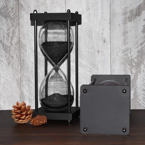 Vista 4 de Temporizador de reloj de arena de 60 minutos, marco de madera negro, temporizador de arena decorativo (arena negra, tamaño grande)