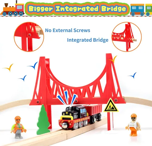 Vista 6 de WOOD CITY Juego de tren de madera, 56 piezas de lujo para niños de 2, 3, 4, 5 años, pista de tren temática de carga con grúa torre y puente