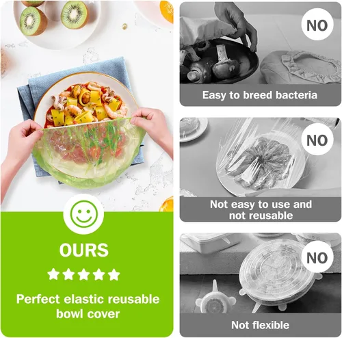 Vista 5 de Mwellewm Fundas elásticas de plástico para almacenamiento de alimentos, fundas reutilizables para alimentos, envoltura Saran, bolsas elásticas