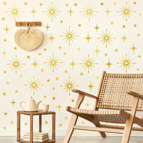 Vista 6 de Calcomanías de pared con estrella dorada, diseño retro de explosión de estrellas, calcomanías para dormitorio, sala de estar, decoración de techo
