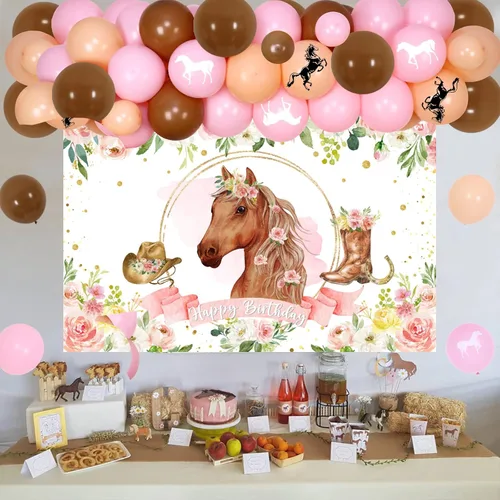 Vista 6 de Decoración para fiesta de vaquera occidental, fondo de fotos de caballo de carreras con flores rosas y kit de arco de guirnalda de globos