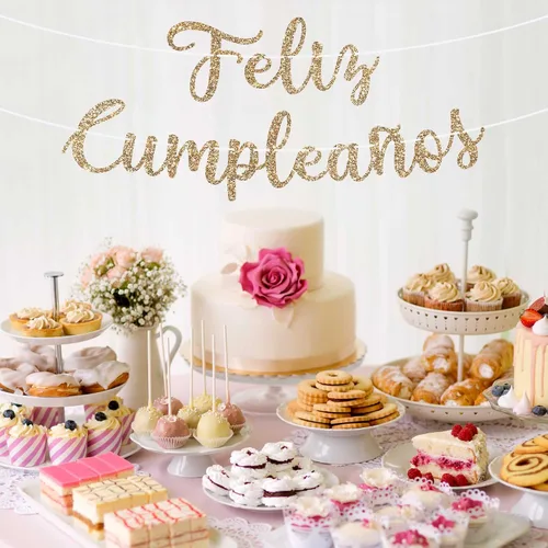 Vista 7 de Cartel de Feliz Cumpleaños pre-encordado – No DIY – Cartel español de fiesta de feliz cumpleaños con purpurina dorada – Guirnalda de guión