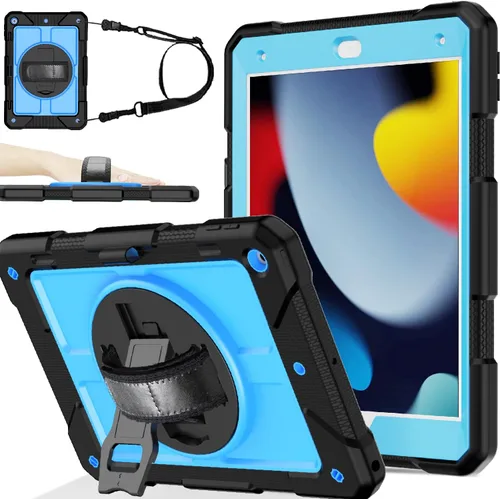 Vista 13 de BMOUO Funda para iPad de 9ª/8ª/7ª generación de 10.2", a prueba de golpes con soporte giratorio de 360°, correa de hombro y mano, funda para iPad