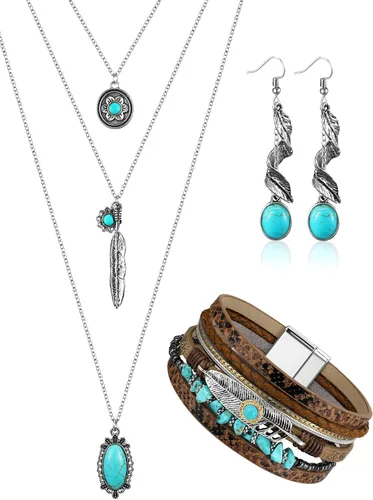 Vista 20 de 3 piezas de joyería boho occidental para mujer, conjunto de joyas de turquesa, aretes vintage, pulsera, collar bohemio occidental para mujer Negro