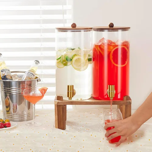 Vista 4 de 2 piezas dispensadores de bebidas de 1.5 galones, dispensador de bebidas de vidrio con soporte de madera, dispensadores grandes de agua y bebidas