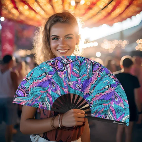 Vista 6 de Abanico Plegable Grande, Abanico Rave Clack de 13 Pulgadas, Abanico de Mano para Mujeres y Hombres con Tela de Satén Premium, Marco de Bambú Grueso