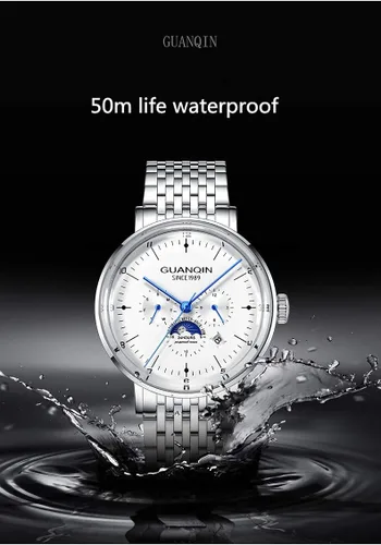 Vista 4 de Guanqin - Reloj de pulsera mecánico analógico automático para hombre, con banda de acero, fase lunar