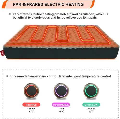 Vista 3 de Cama térmica mejorada para perros con área de calefacción ampliada, cama ortopédica para perros con artritis de voltaje seguro de 12 V con espuma