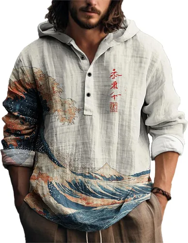 Vista 23 de MARSVOVO Camisa con capucha para hombre, vintage, retro, de 3 botones, manga larga, ligera, ligera, a la moda, casual, para uso diario, primavera