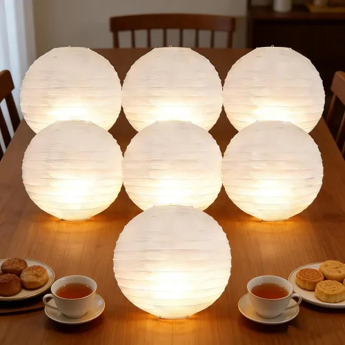 Vista 8 de 6 linternas de papel blancas con luces LED, linterna redonda de 12 pulgadas, lámpara de papel colgante para cumpleaños, boda, Navidad, novia