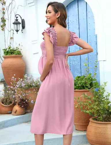 Vista 3 de BeautyNee Vestido de maternidad para mujer para sesión de fotos, baby shower, con tirantes delgados, manga y cuello cuadrado, vestido maxi bohemio